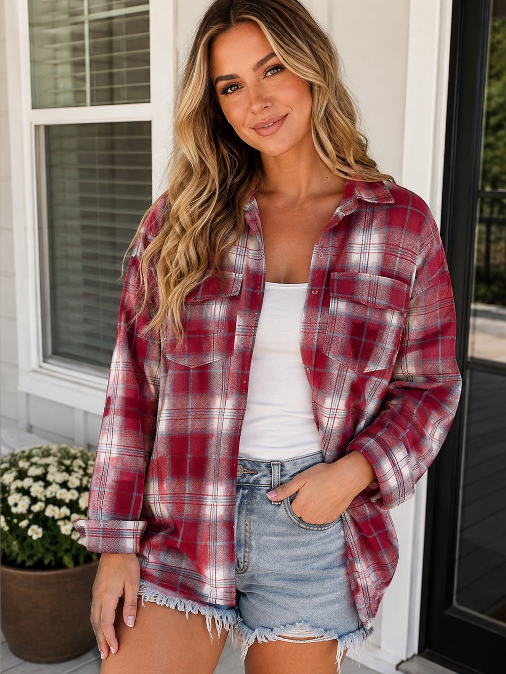 Pink Lily Oversized Plaid Flannel Button Down Shacket - Medium